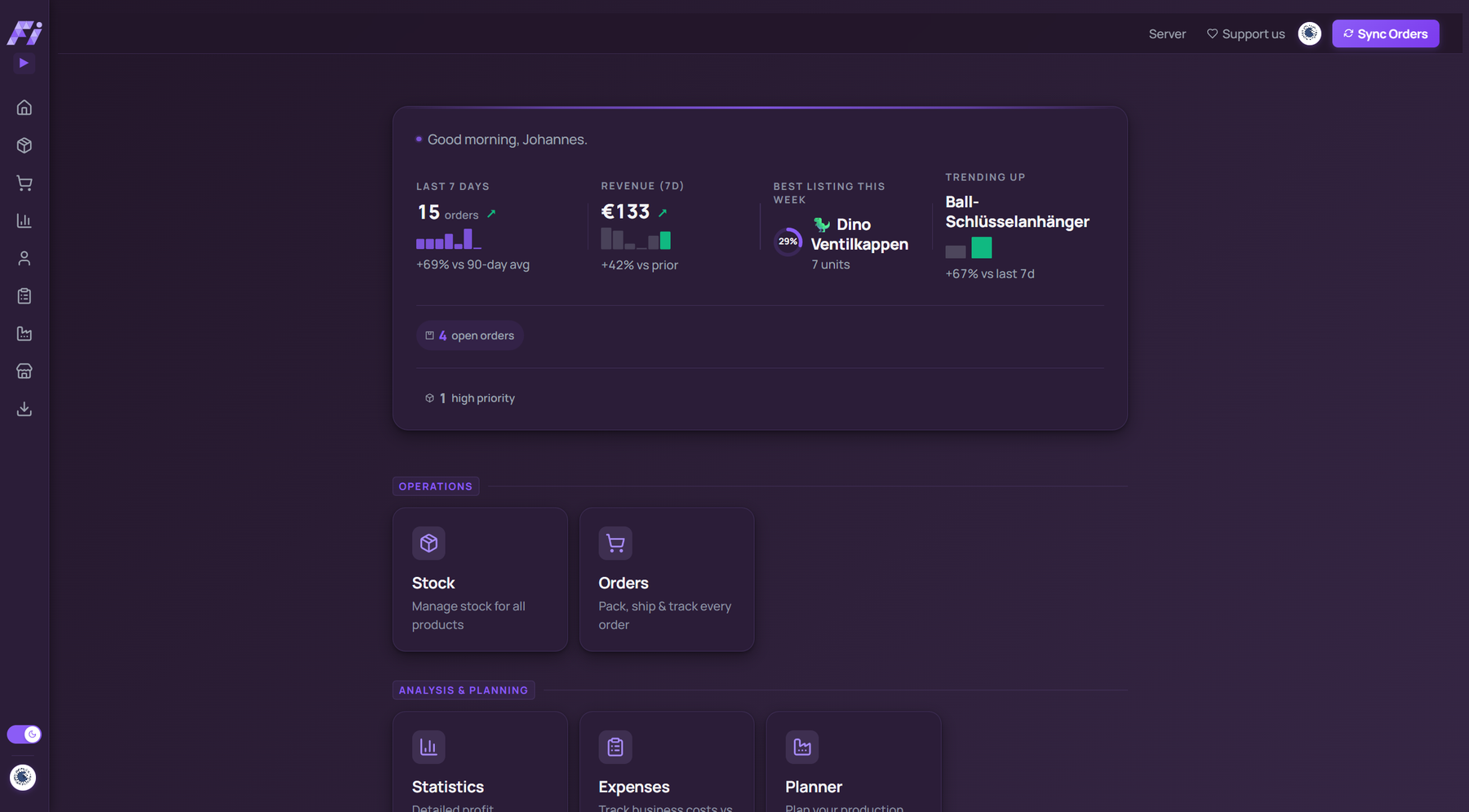 The same Findig dashboard in dark mode.