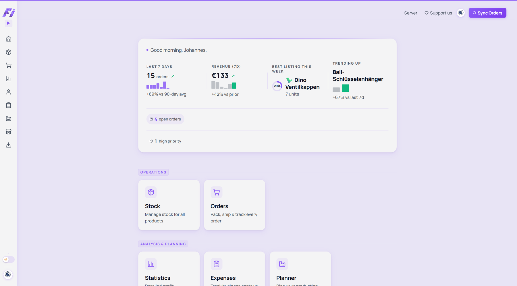 Findig dashboard in light mode.