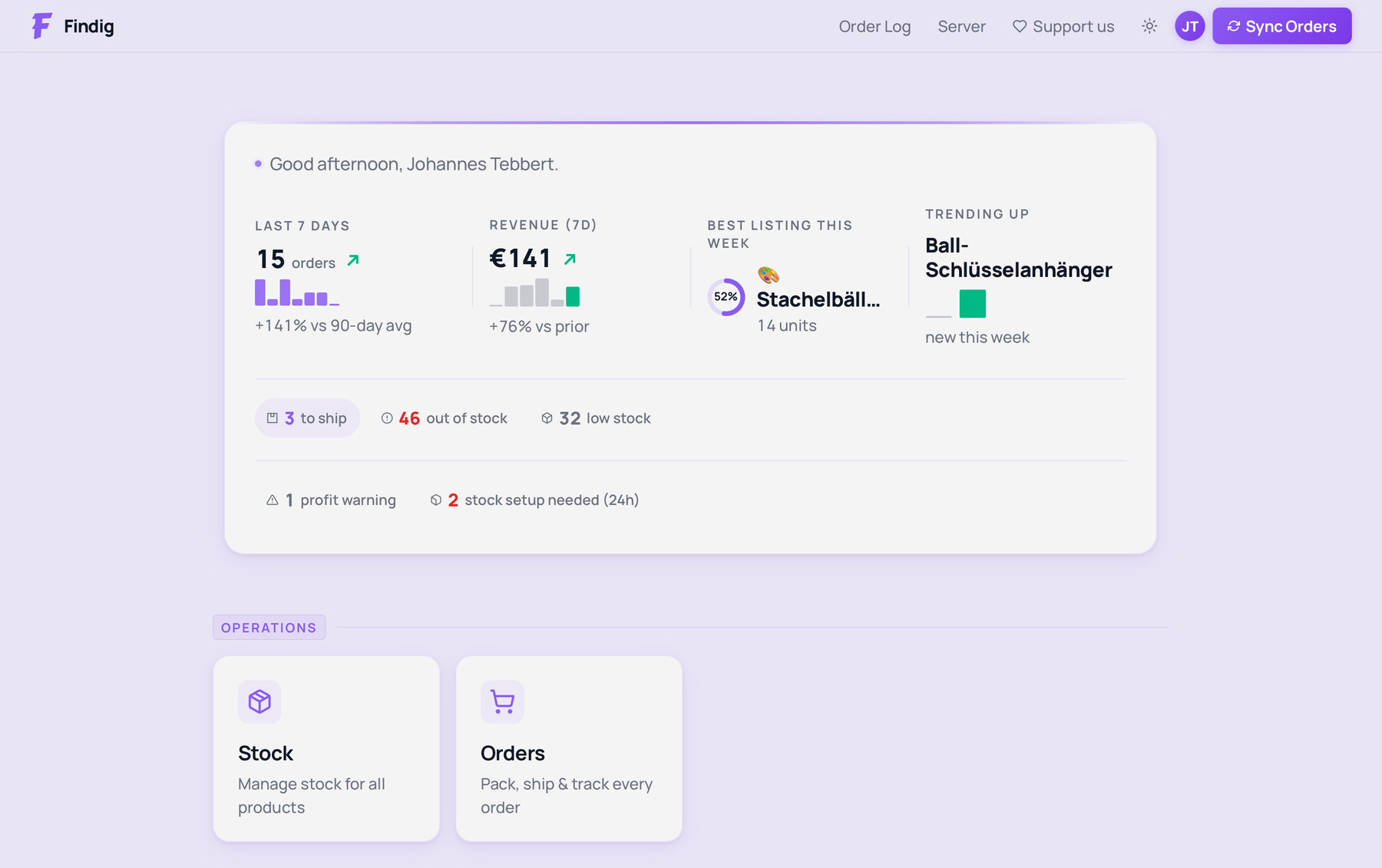 The Findig dashboard after setup